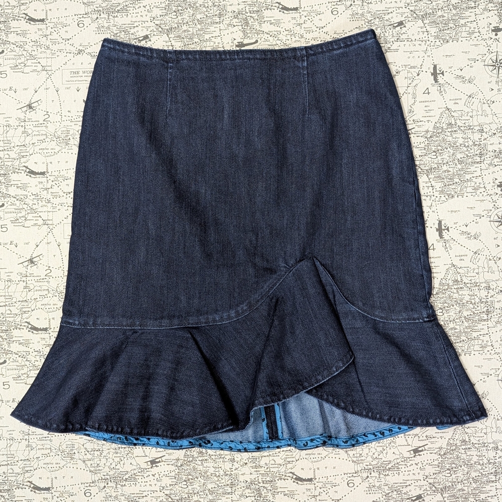Anthropologie Dark Blue Denim Asymmetrical Skirt with Ruffle Detail Size 8